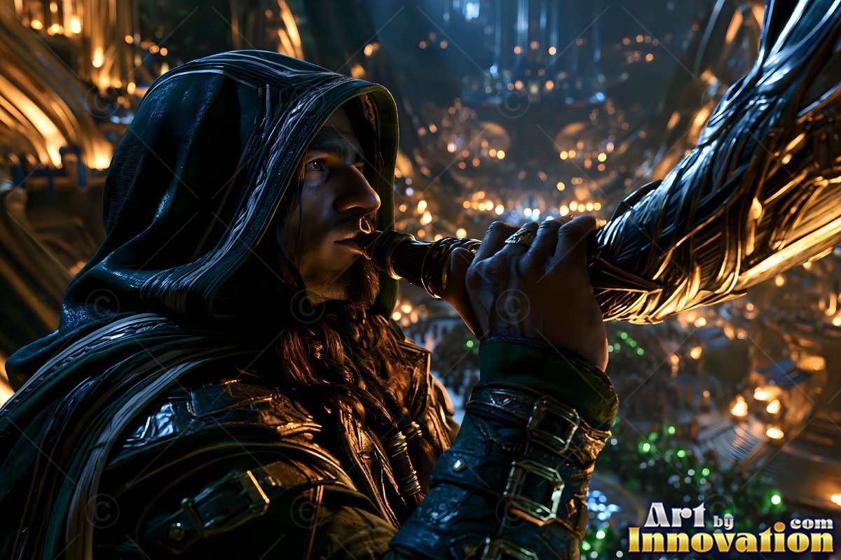 A hooded man blows a horn above an underground hall lit with small yellow lamps