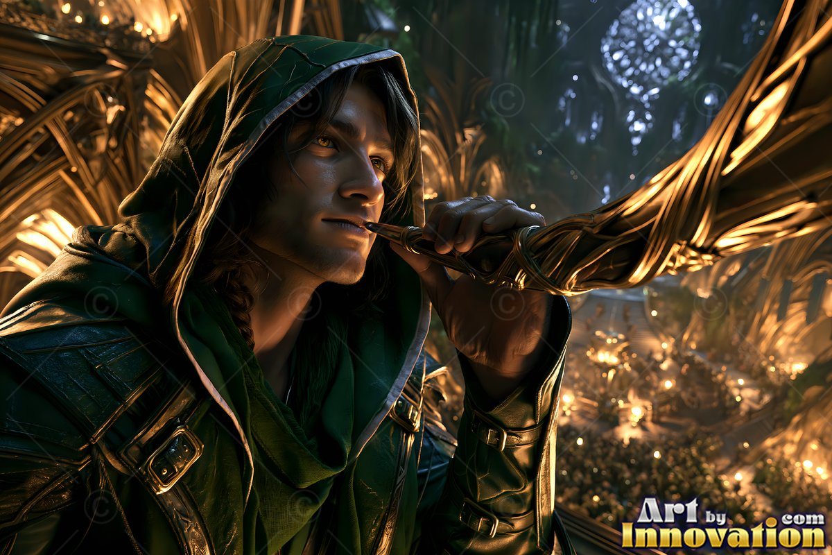 A man in a green hood lifts a golden horn to his lips under warm yellow light