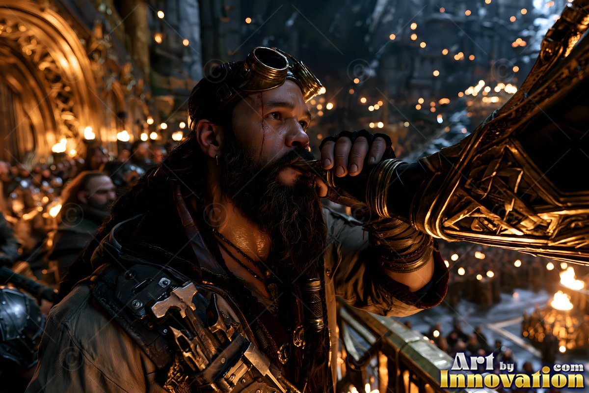 A bearded man with goggles blows a large horn over a torchlit crowd