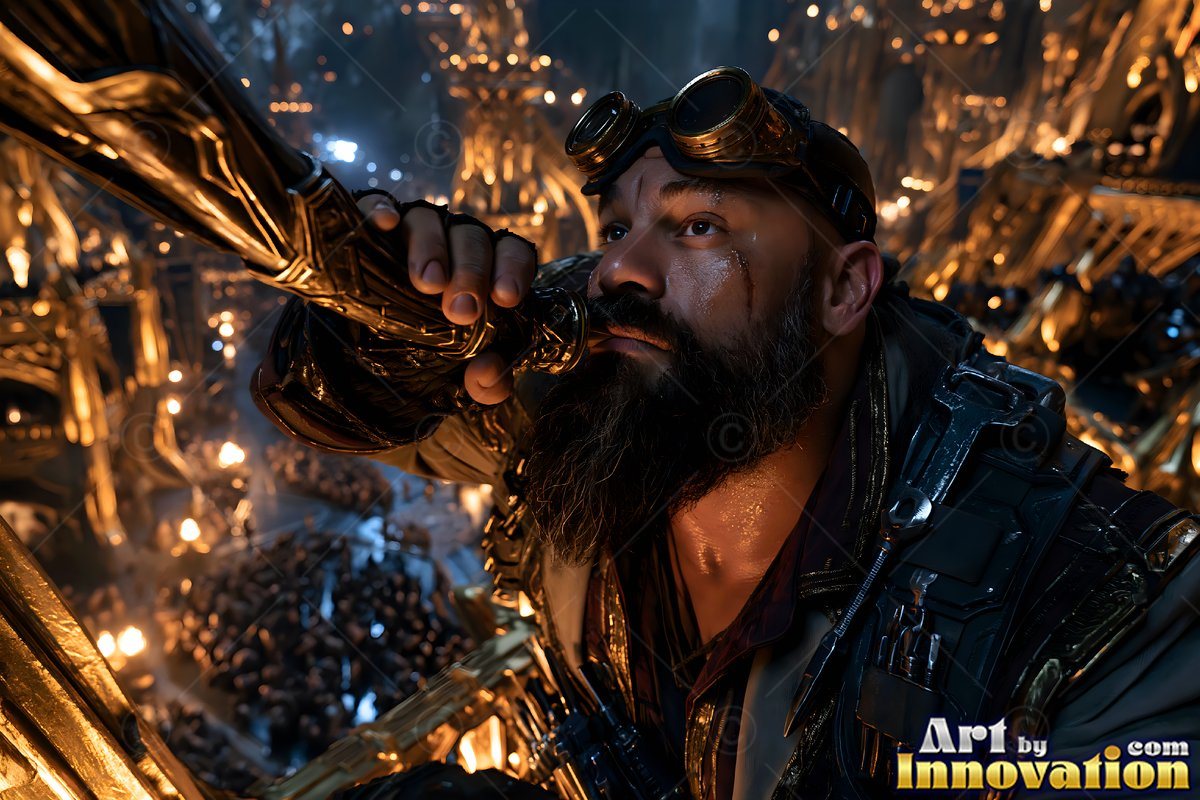 Peering through a spyglass, a bearded man wears goggles above a golden underground city