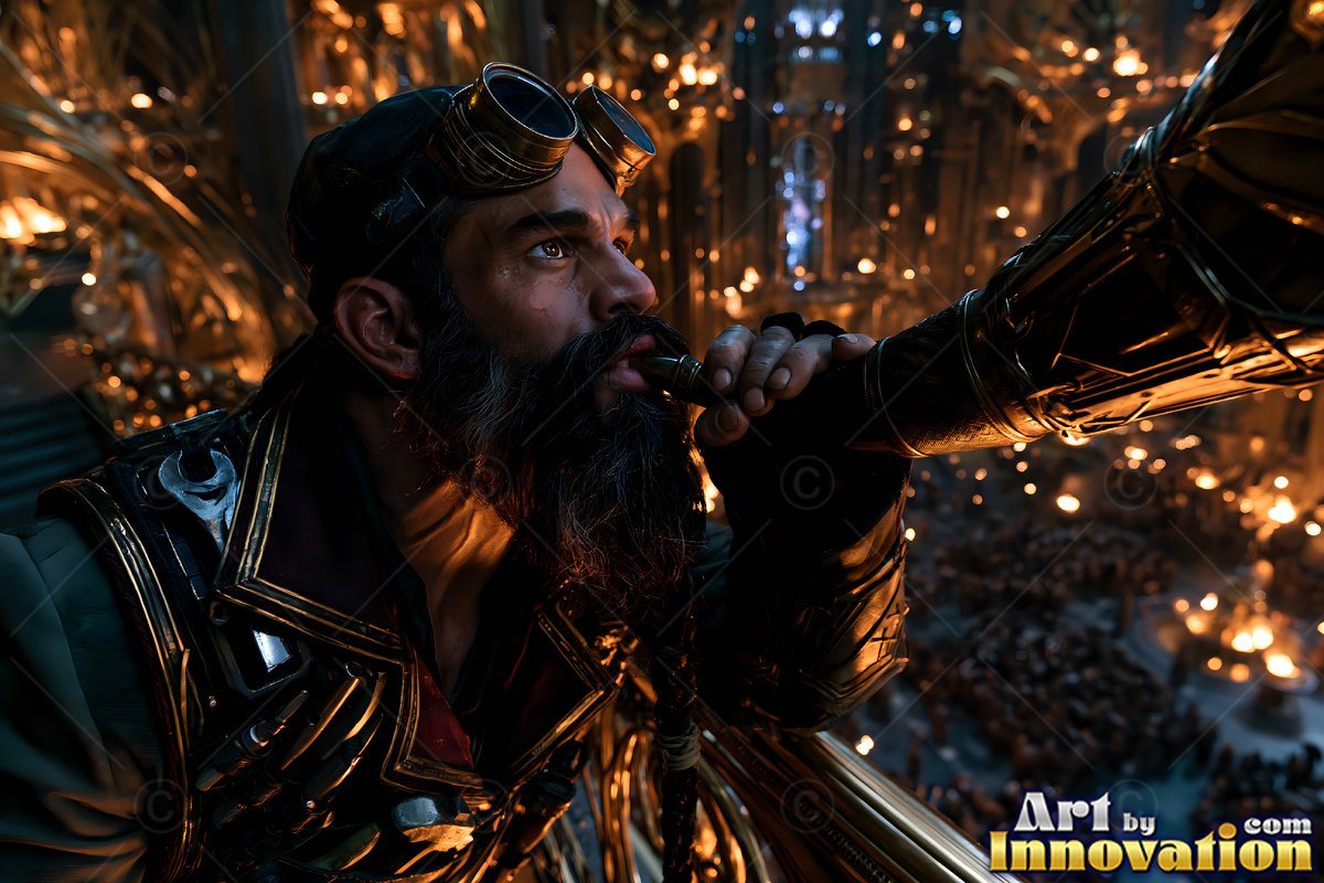 Dwarf man with goggles blows a horn over a hall