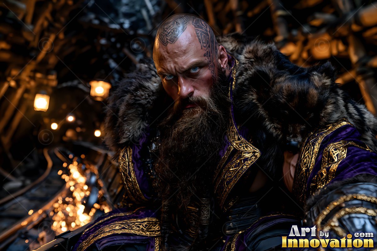 Tattoos on his bald head, a bearded dwarf man wears purple velvet inside a dark mine