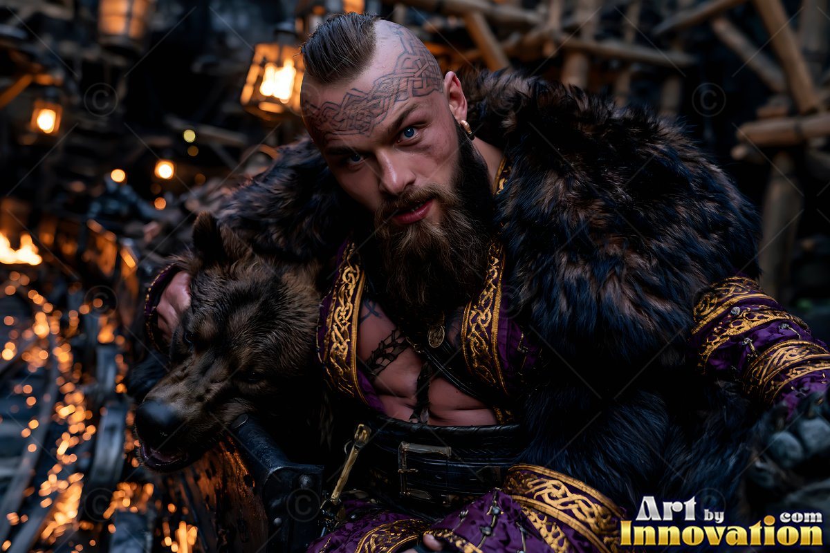 Leaning forward underground, a man in dark fur holds a brown dog