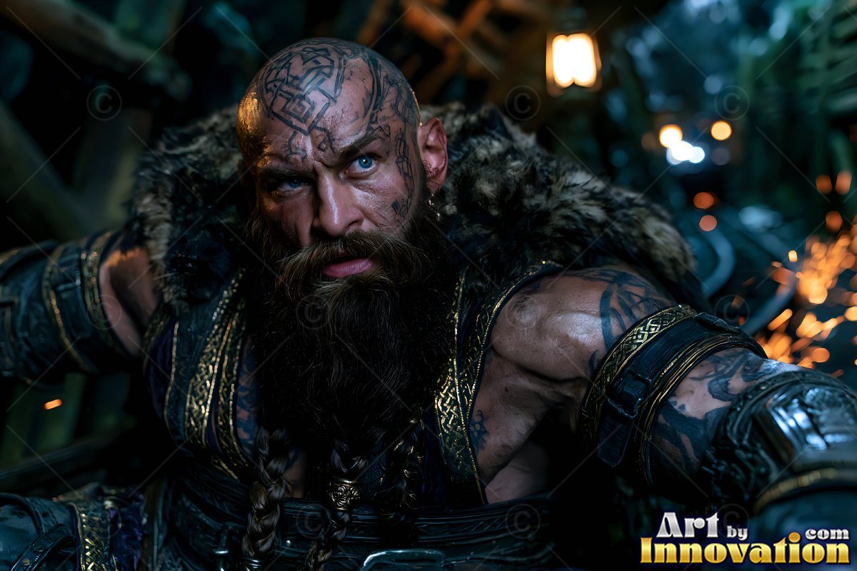 A tattooed man in dark fur armor crouches in a dim mine tunnel