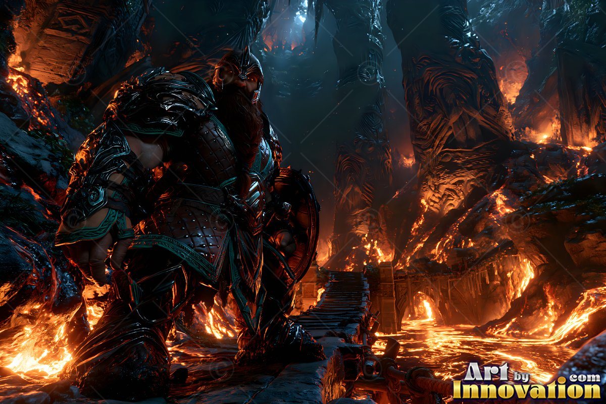 In a fiery cavern, an armored dwarf man stands beside a river of bright lava