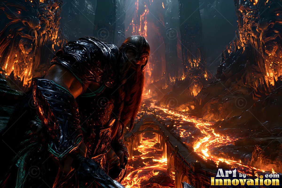 Standing in dark armor, an armored dwarf man overlooks rivers of orange lava underground
