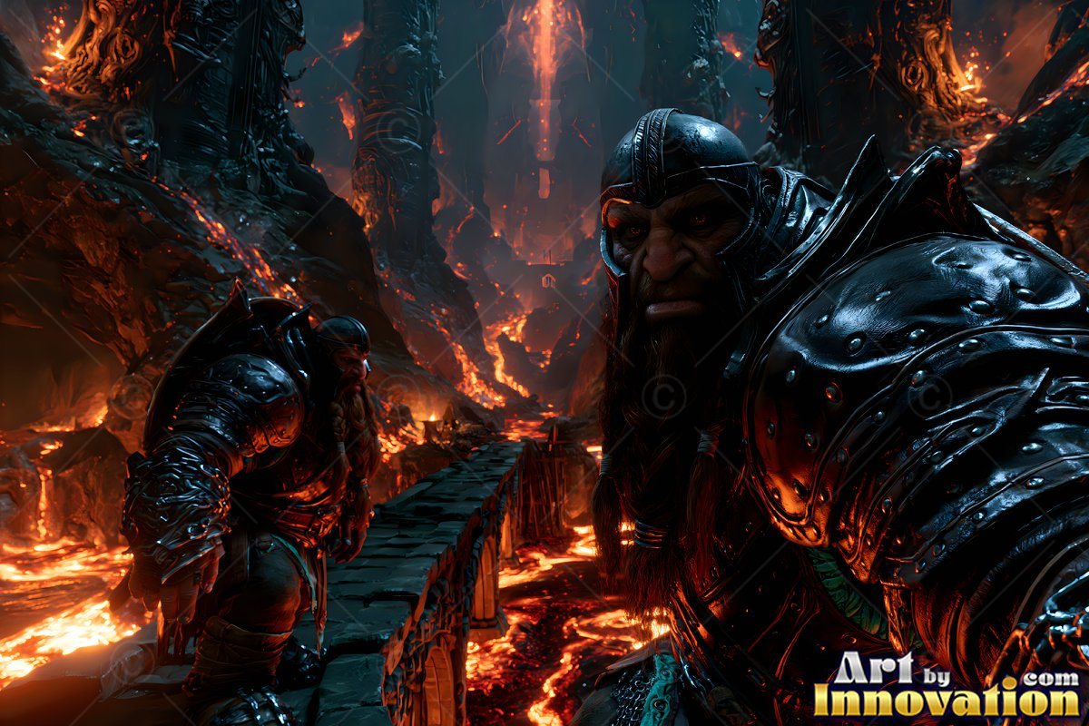 Dwarf men in dark armor on a stone bridge above lava