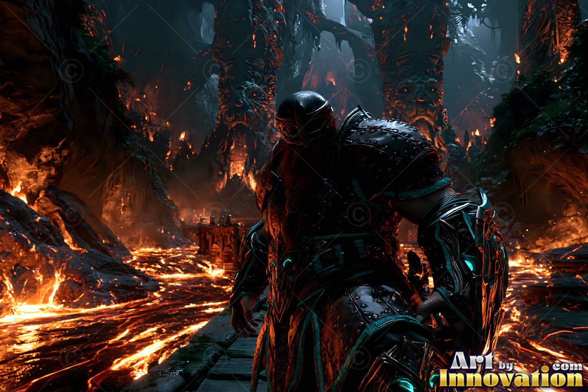 Dark studded armor covers a dwarf man standing beside rivers of hot lava in a cave