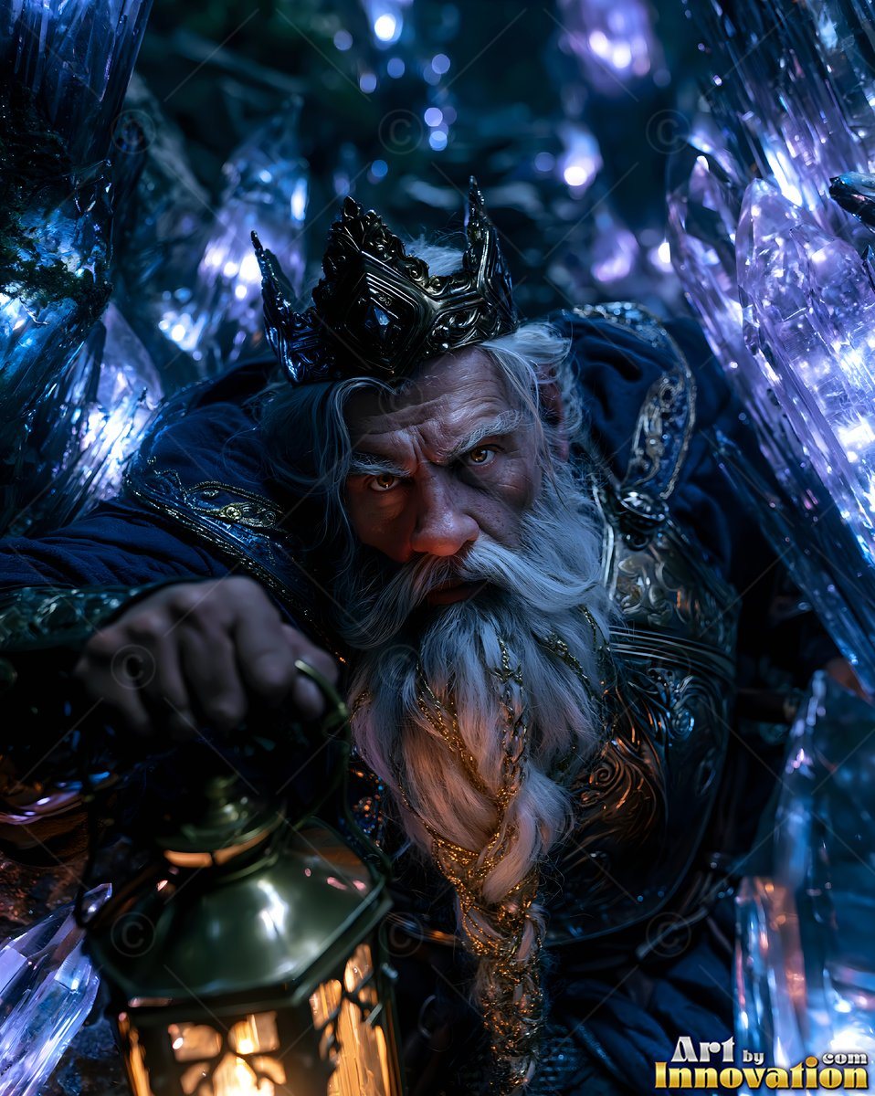 A bearded dwarf man holds up a brass lantern among shining blue crystals