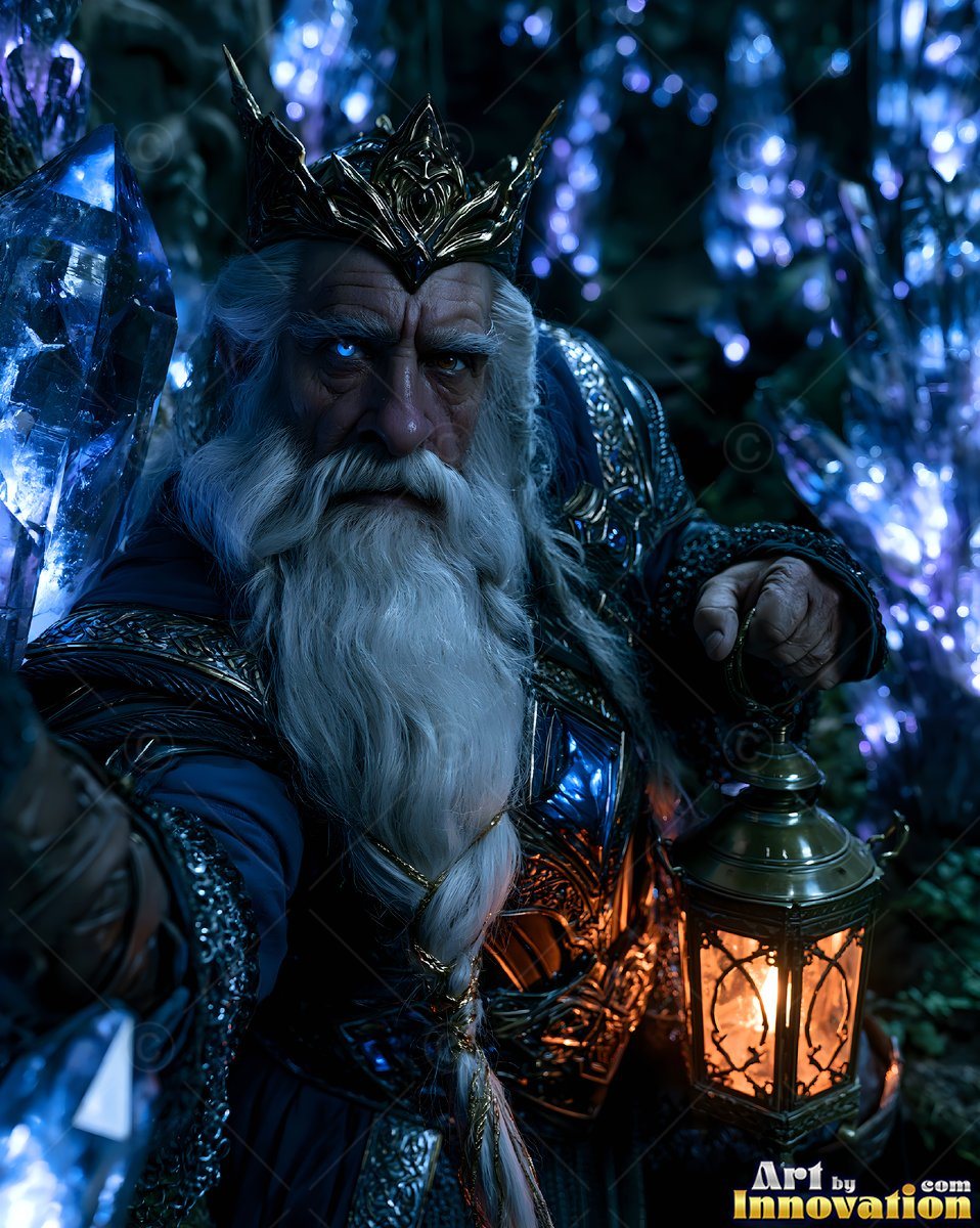 In a crystal cave, an old dwarf man wears a crown and holds a lantern
