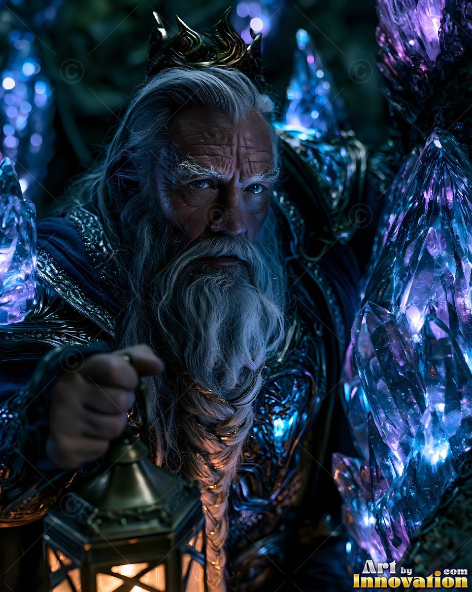 Holding a lantern, a crowned dwarf man stands beside bright blue crystals
