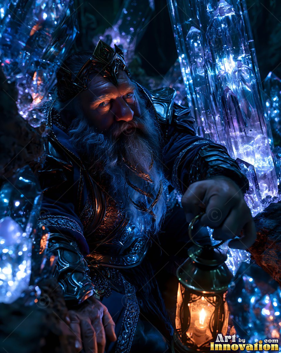 A man with a beard lifts a small lantern beside large blue crystals in a cave