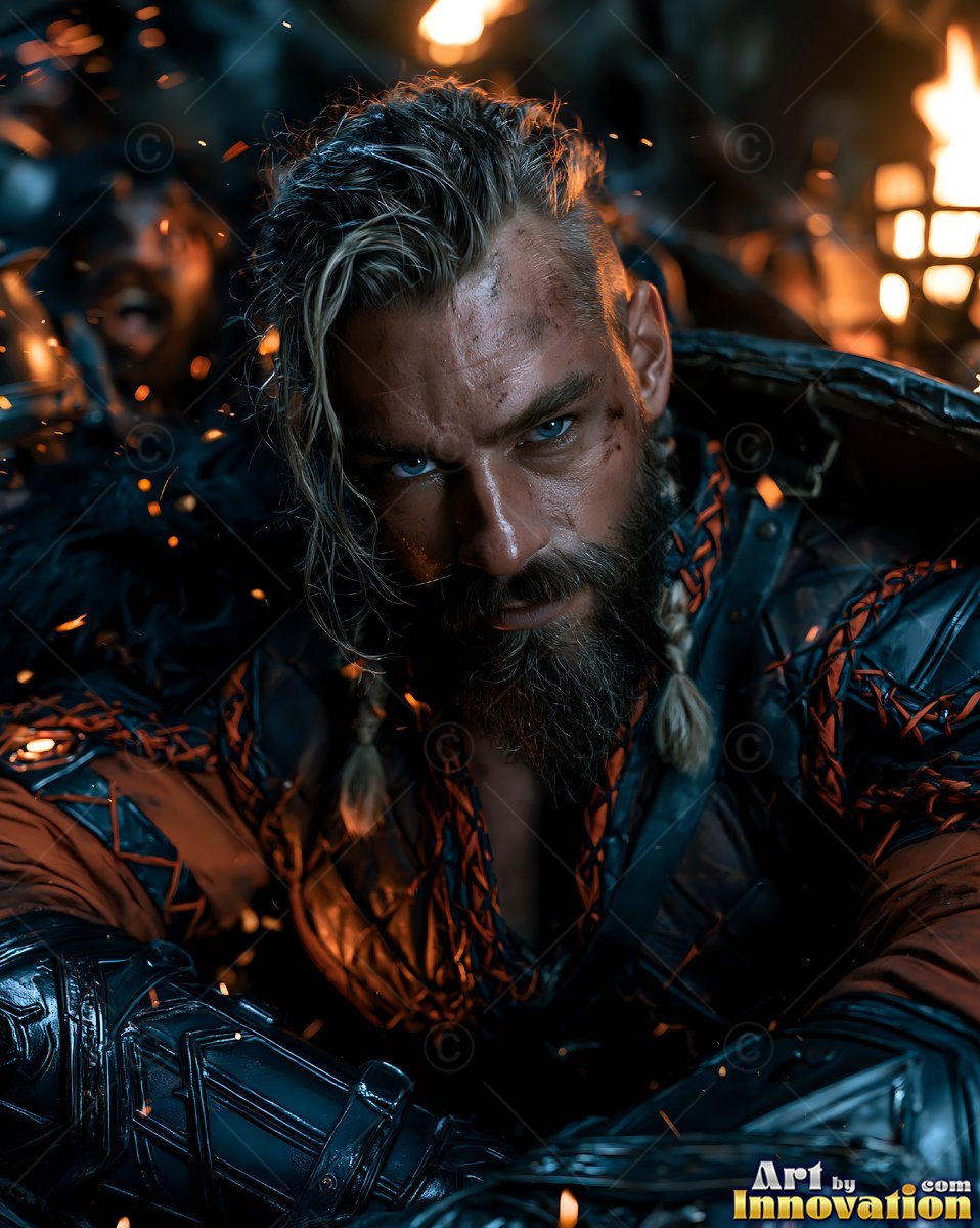 Leaning forward near fire, a bearded warrior man in dark armor watches closely