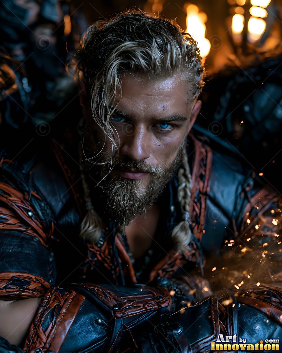 A blond man with a beard in dark leather armor stares ahead near flying sparks