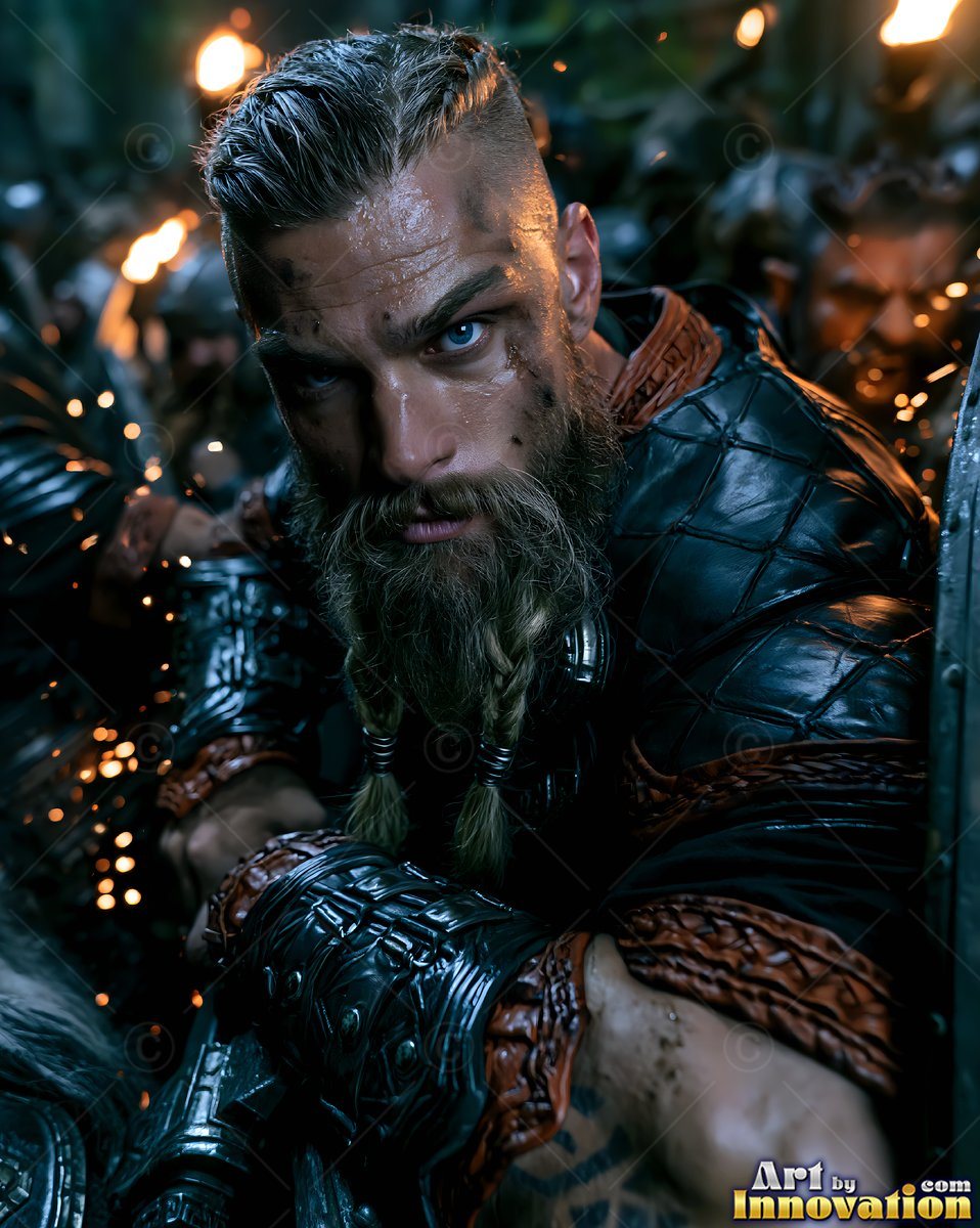 In a dark cavern, a blue-eyed warrior man with a braided beard wears armor