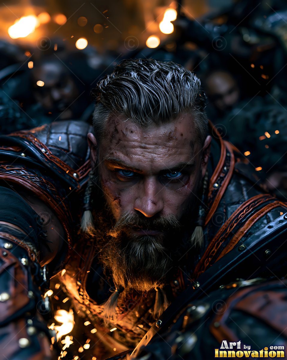 Crawling forward in dark armor, a bearded warrior man stares ahead by firelight