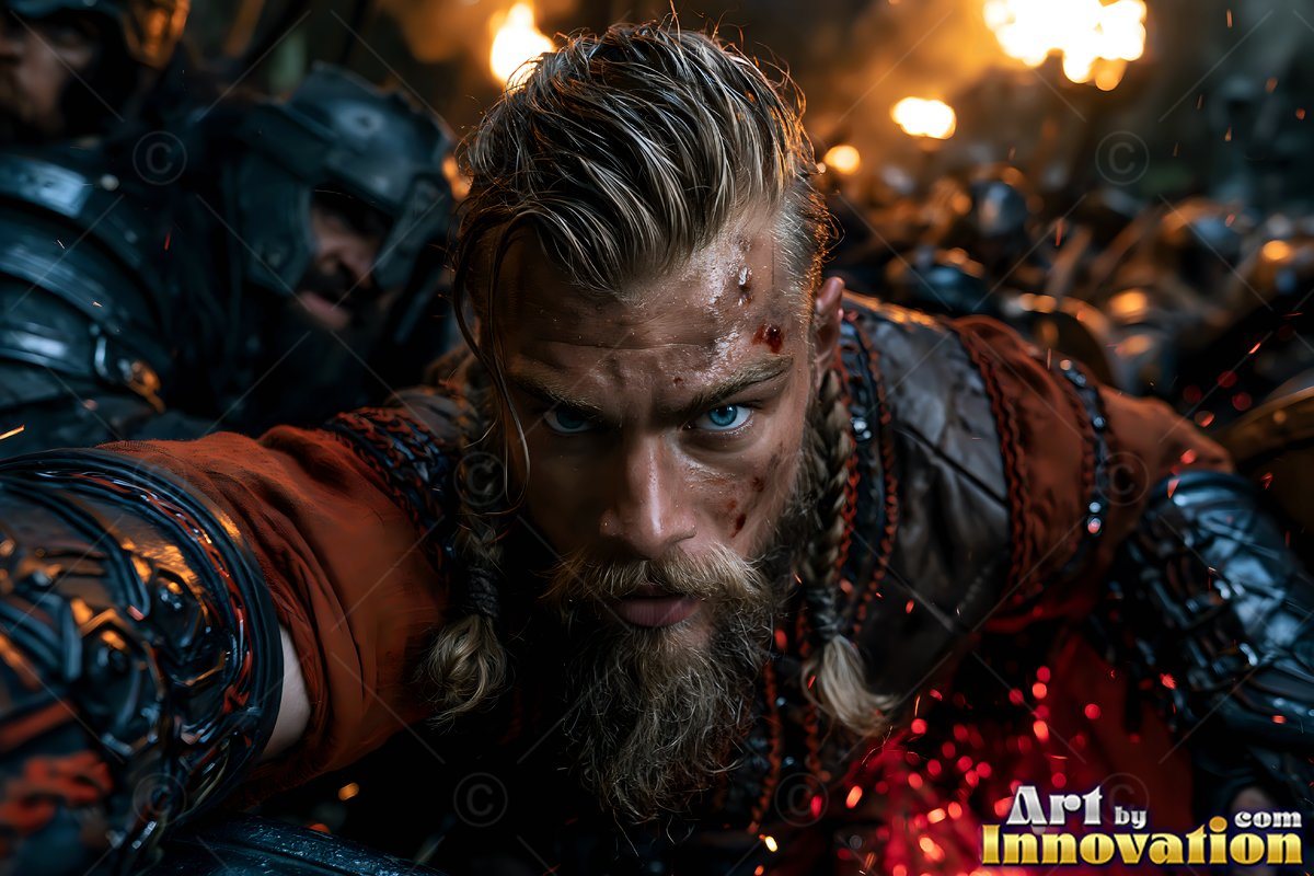 Bearded warrior man with blue eyes in dark armor crawls through a battle