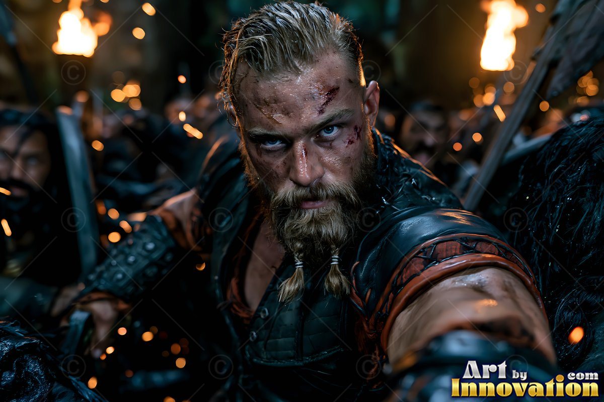 Twin braids hanging from his beard, a warrior man in a dark cave lit by torch fire