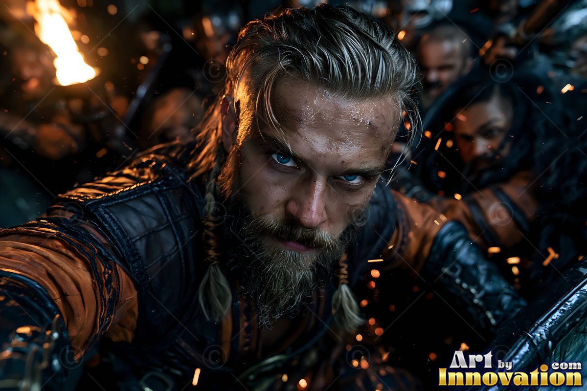 A blond bearded man leads other warriors into battle lit by orange torchlight