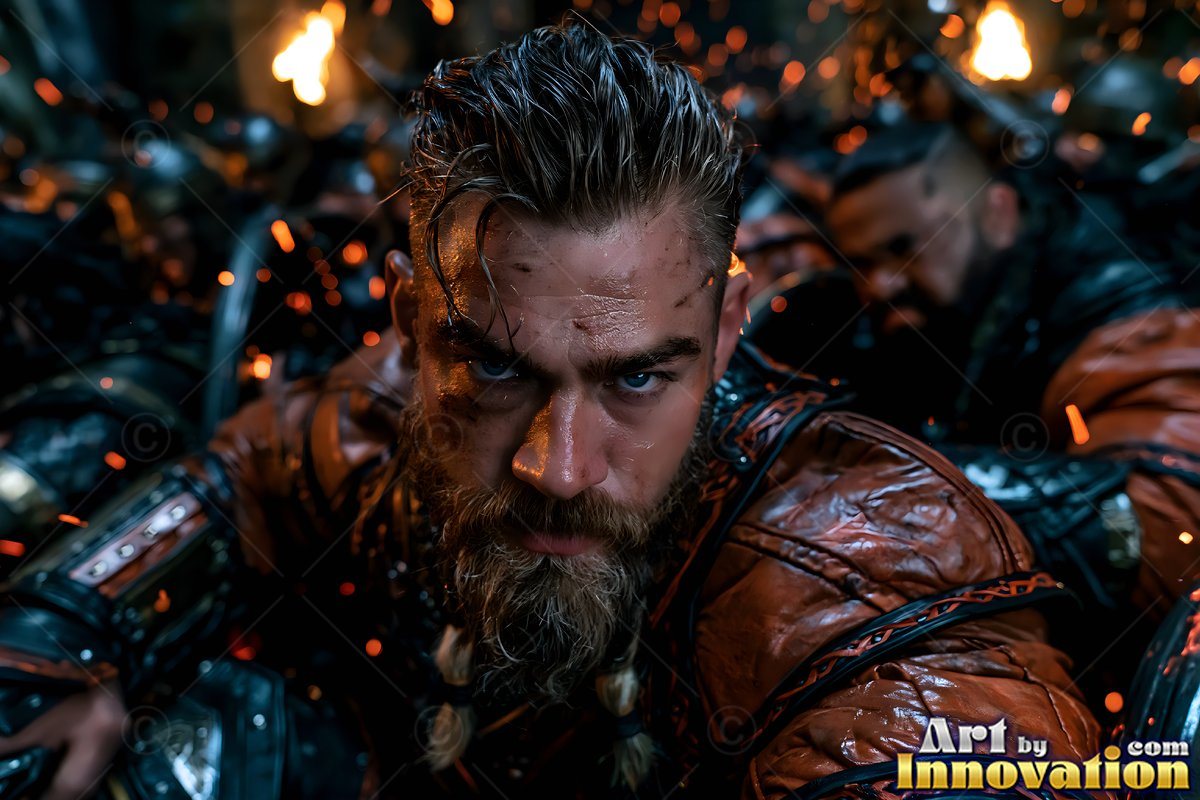 Crouching forward in the dark, a bearded man in brown leather armor stares ahead