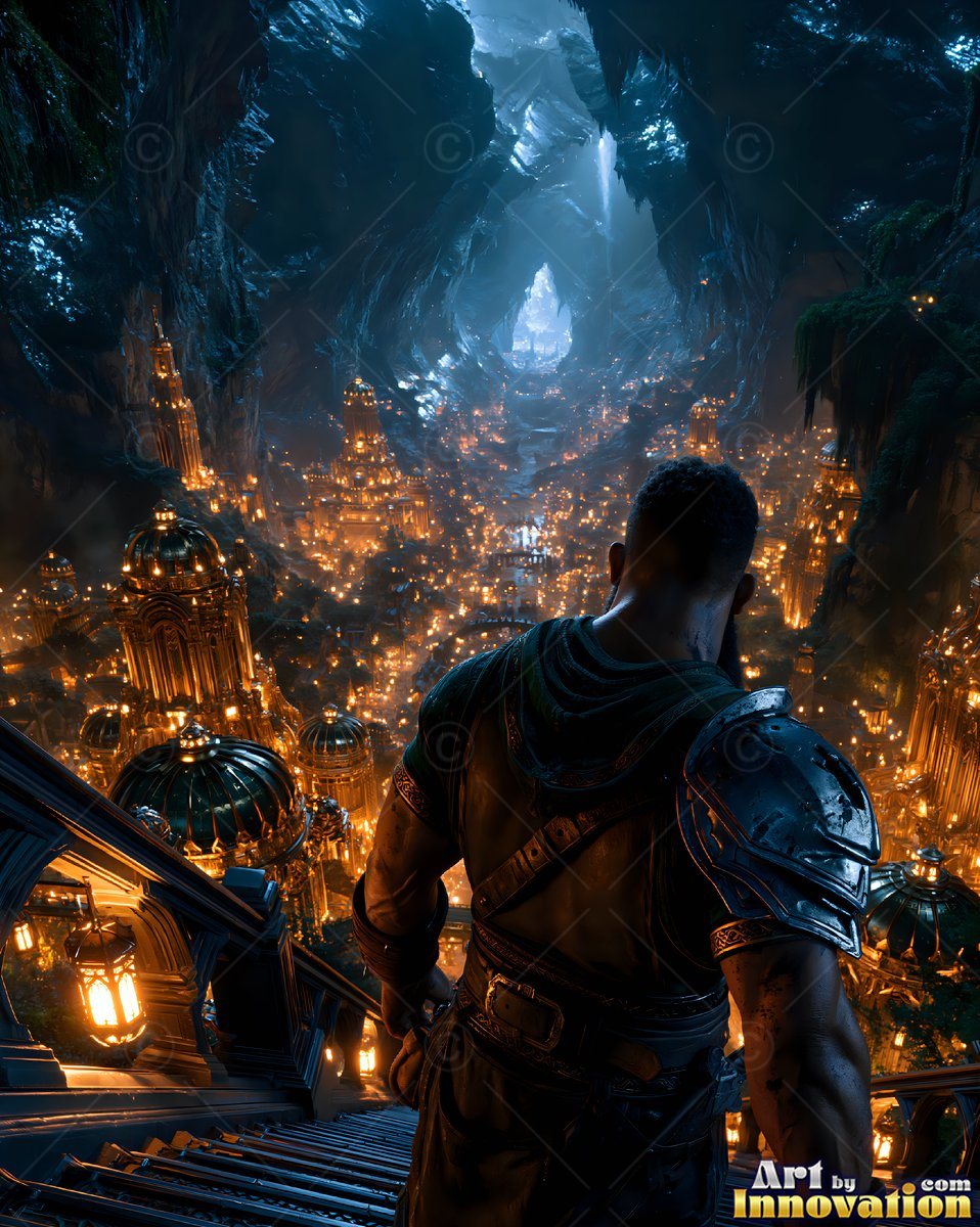 A man in armor looks down stairs at a vast underground city lit by warm lanterns