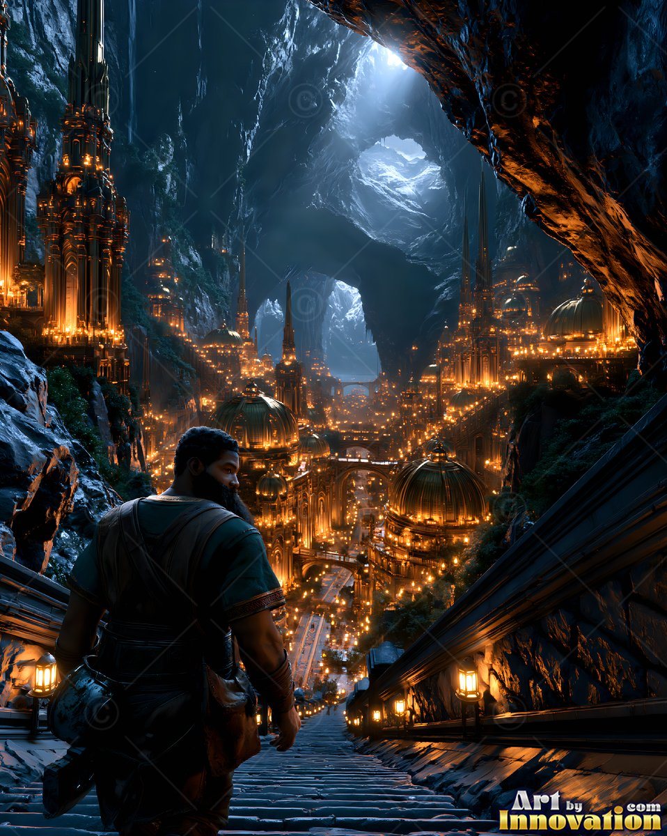 In a vast cave city, a man with a beard looks down along stone stairs toward lit towers