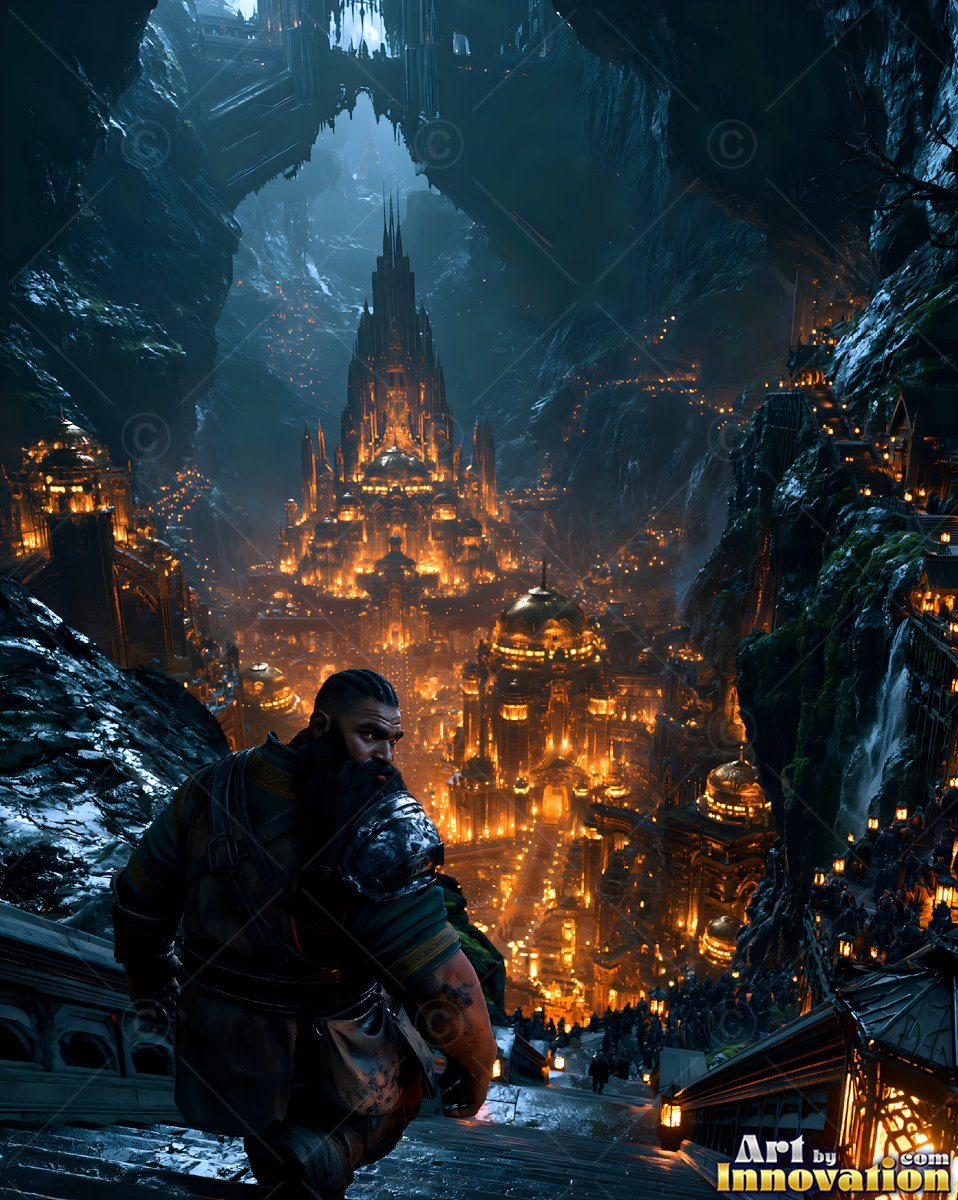Looking back, a dwarf man with a beard walks down stone steps toward a lit underground city