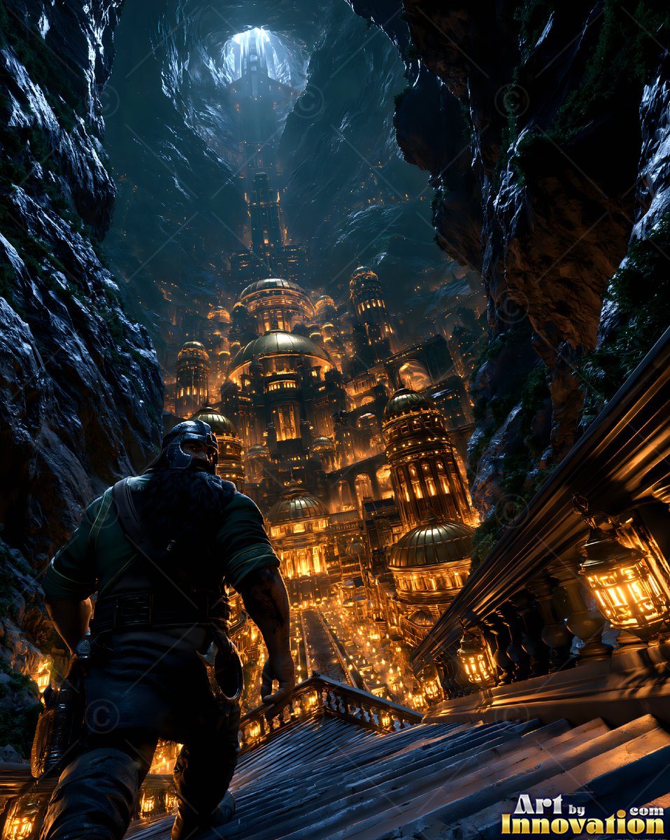 A dwarf man walks down stone steps toward a golden underground city