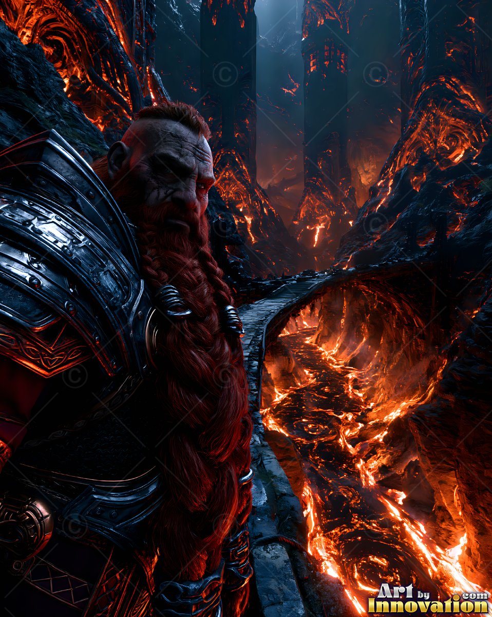 Braided red beard on an armored dwarf man walking along a stone path beside molten lava flows