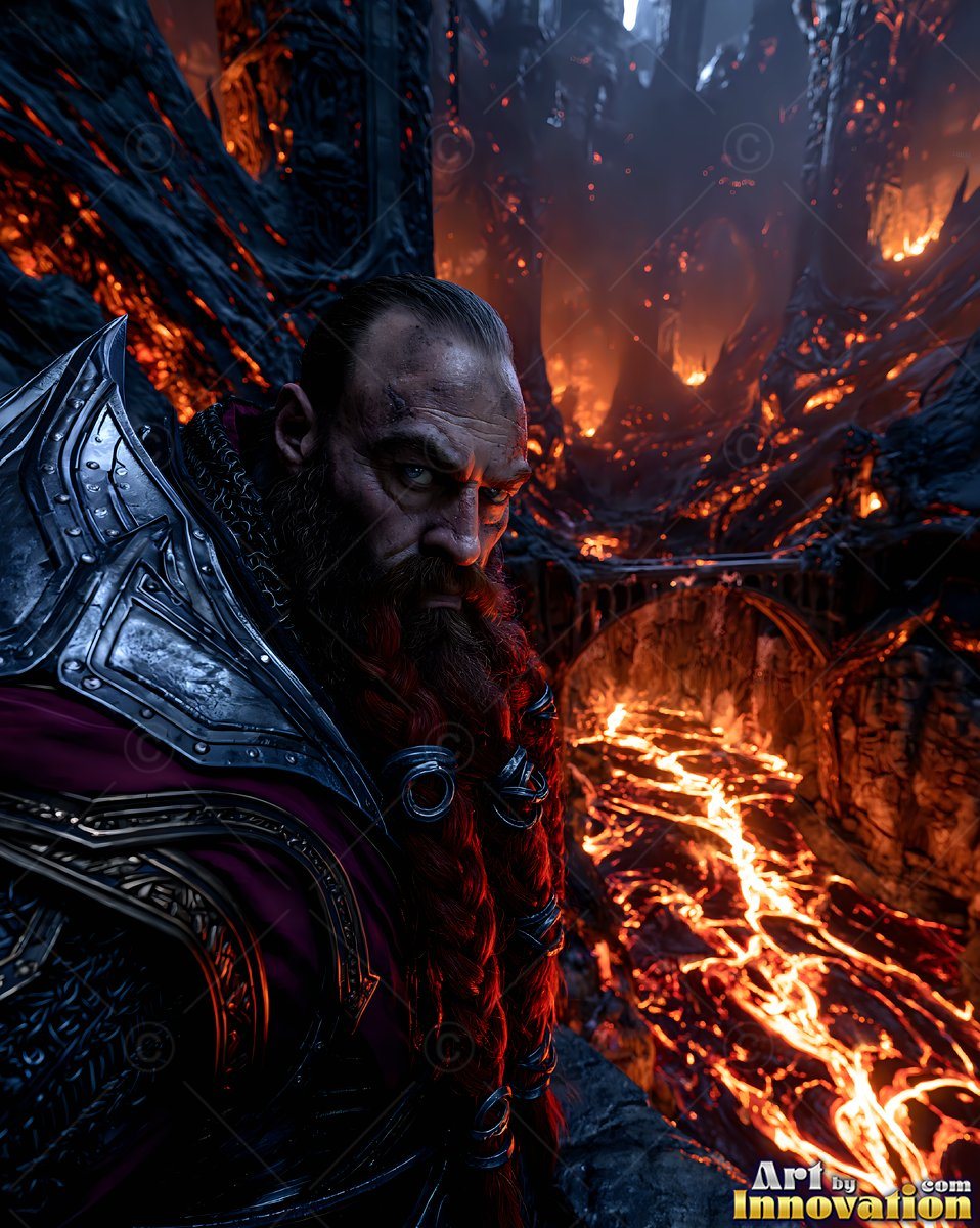 An armored dwarf man stands in a dark cavern over bright orange lava flows