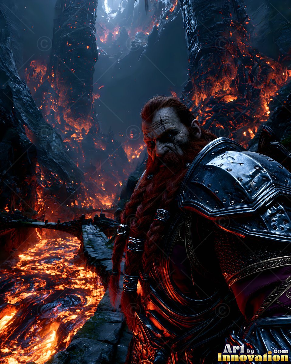 Facing forward in a dark cavern, an armored dwarf man stands beside molten lava