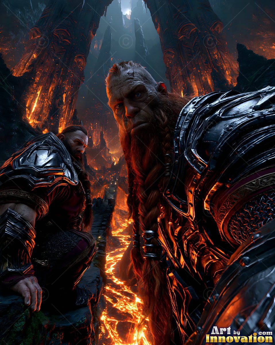 Two armored dwarf men stand on a dark ledge above rivers of hot orange lava