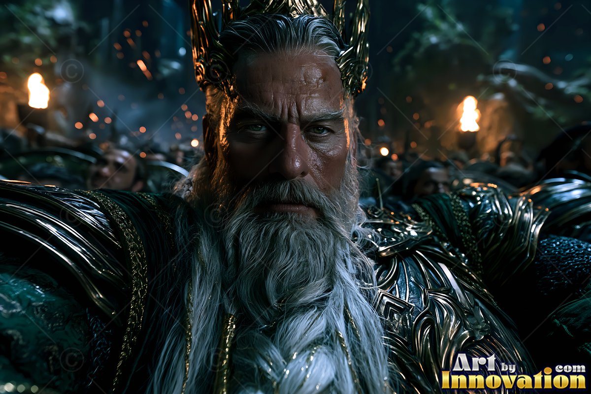 In a torchlit hall, a crowned dwarf man with a braided gray beard leads an army