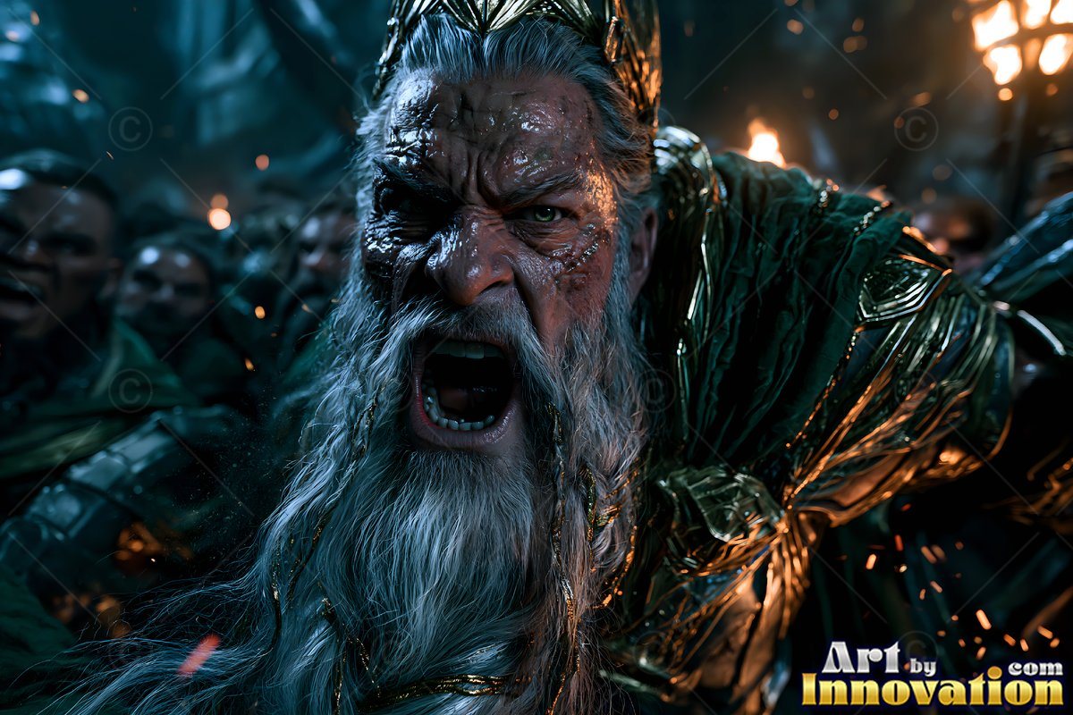 Shouting in fury, an old dwarf man with a beard in green armor leads men by torchlight