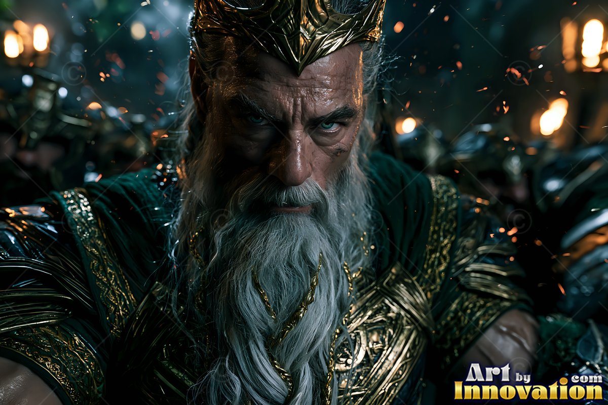 Old bearded man wearing a gold crown and dark green robes