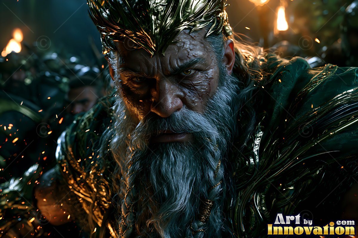 Golden crown on a fierce dwarf man with a gray braided beard before torchlit ranks