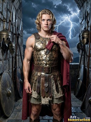 In a stone fortress, a blond man in his youth stands in armor before lightning