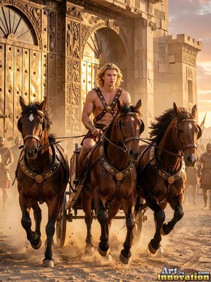 A youthful man drives a three-horse chariot out from a stone city gate