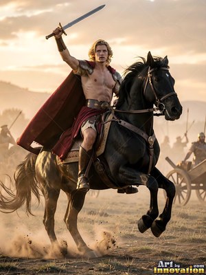 A crimson cloak flutters behind a bare-chested man raising a sword on a rearing black horse across a dusty field
