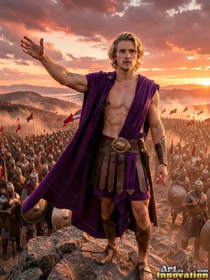 A blond-haired man in a purple cloak raises his hand over an army in orange sunset light