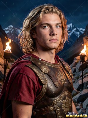 A blond young man in bronze armor stands near burning torches in the mountains