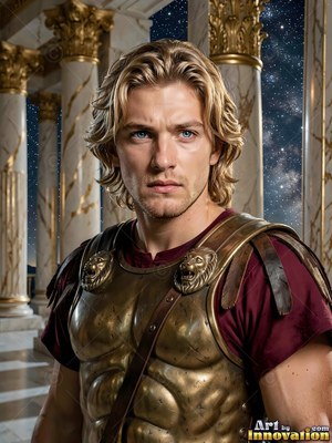 Under a night sky with marble pillars, a blond young adult man wears bronze armor