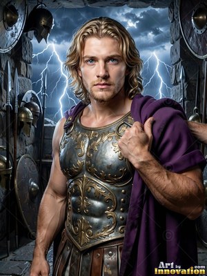Standing in armor, a fair-haired man holds a purple cloak before a stormy lightning sky