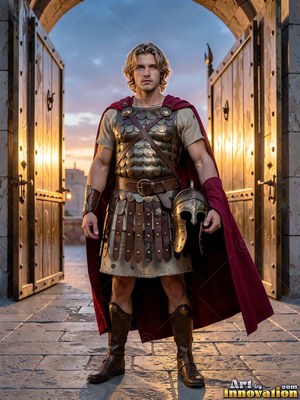 A youthful man wearing bronze armor and a red cape stands in a stone gateway