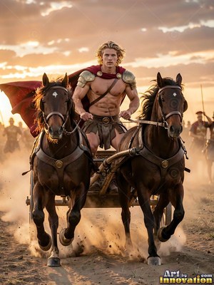 In a red cape, a muscular man drives a horse-drawn chariot across a dusty field at sunset