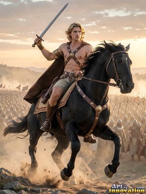A young fair-haired man rides a black horse with his sword raised in pale dusty sunlight