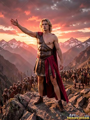 Standing on a rocky peak, a young man raises his hand before an army