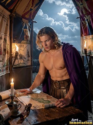 A shirtless blond-haired man in a purple cape looks over maps inside a tent at night