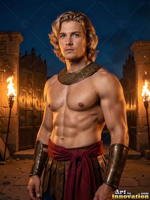 Before stone gates at night, a muscular shirtless standing man by torches