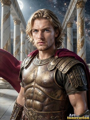 Standing among white pillars at night, a man with blond hair wears bronze armor and a red cape